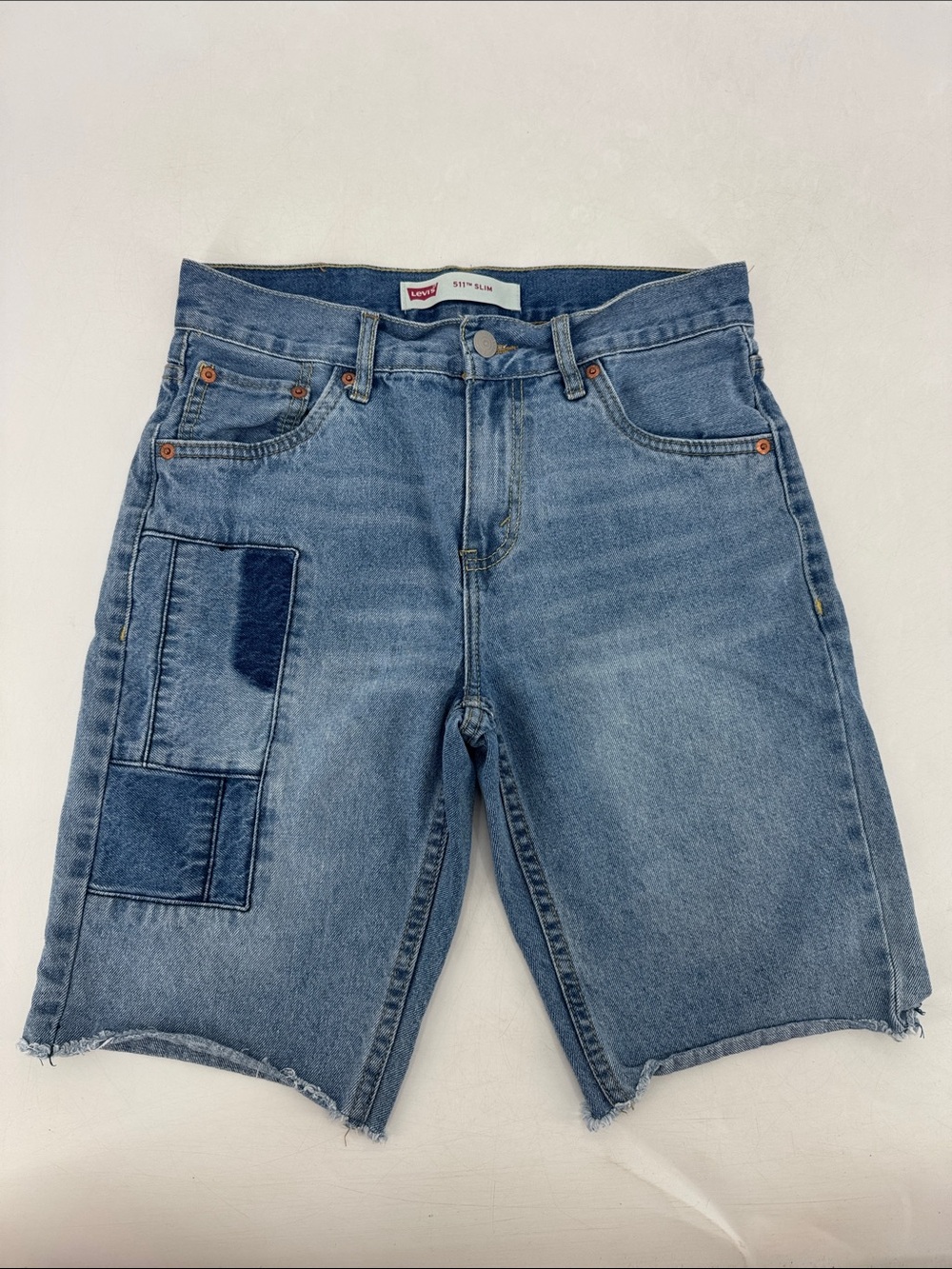 Levi's 511 Slim Retro 70s Patchwork Boho Denim Raw Hem Shorts Size 28